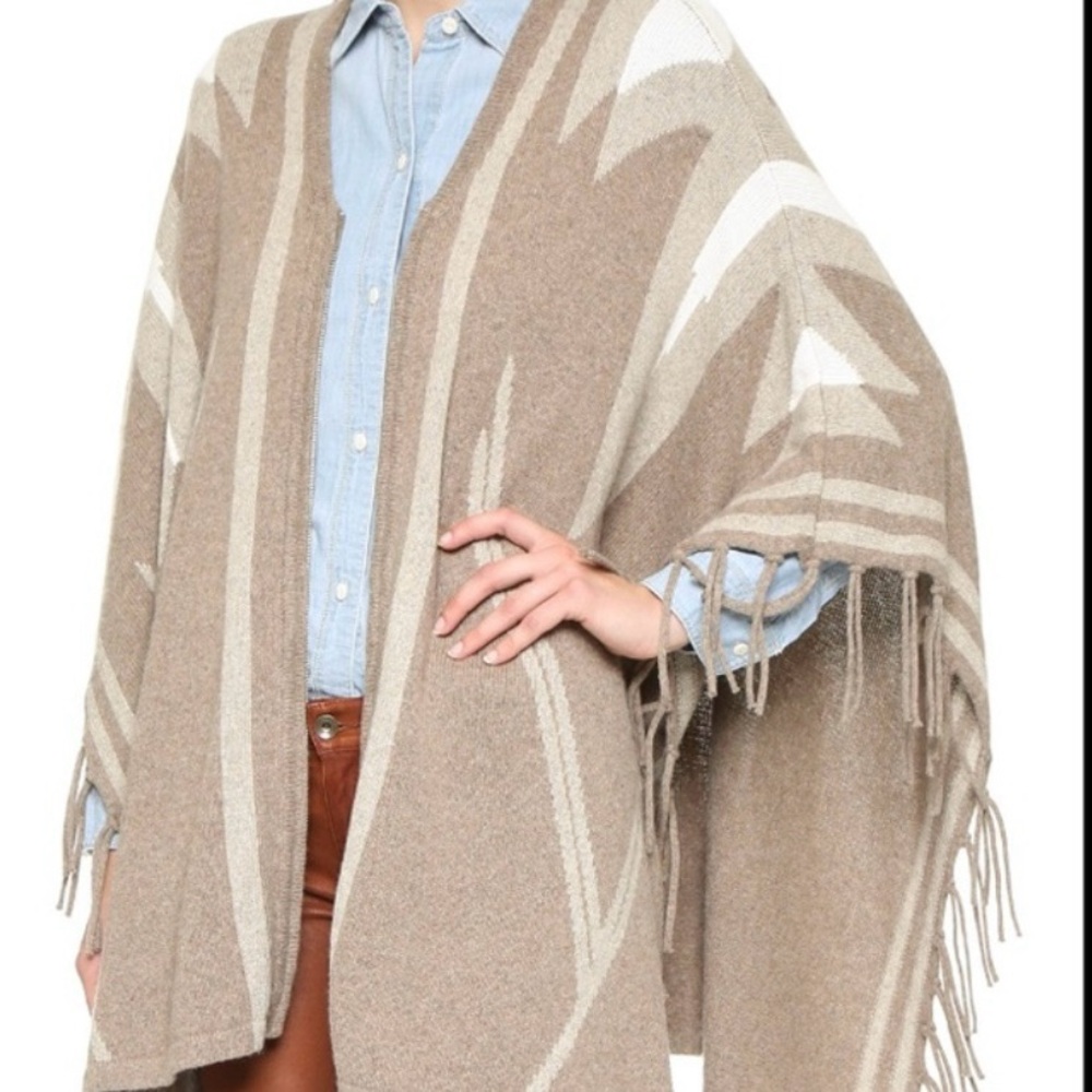Joie Ignacie Cotton Wool Cashmere Knit Fringe Zip Front Poncho Sweater M/L